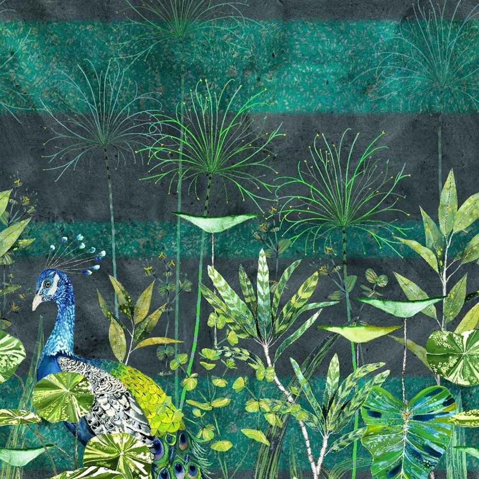 Arjuna Leaf with Peacock Wallpaper - Viridian - By Designers Guild