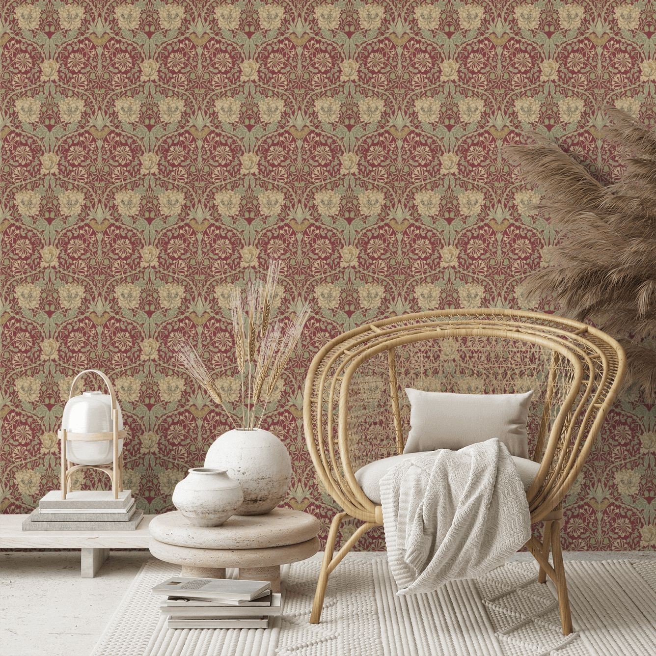 Honeysuckle and Tulip Wallpaper - Red/Gold - By Morris and Co - 214700