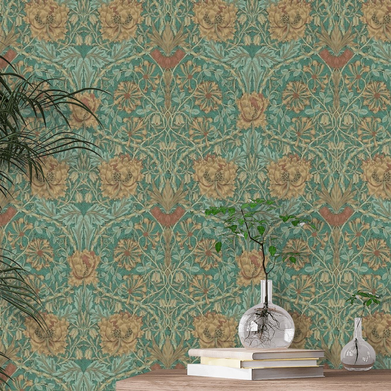 Honeysuckle and Tulip Wallpaper - Emerald/Russet - By Morris and Co