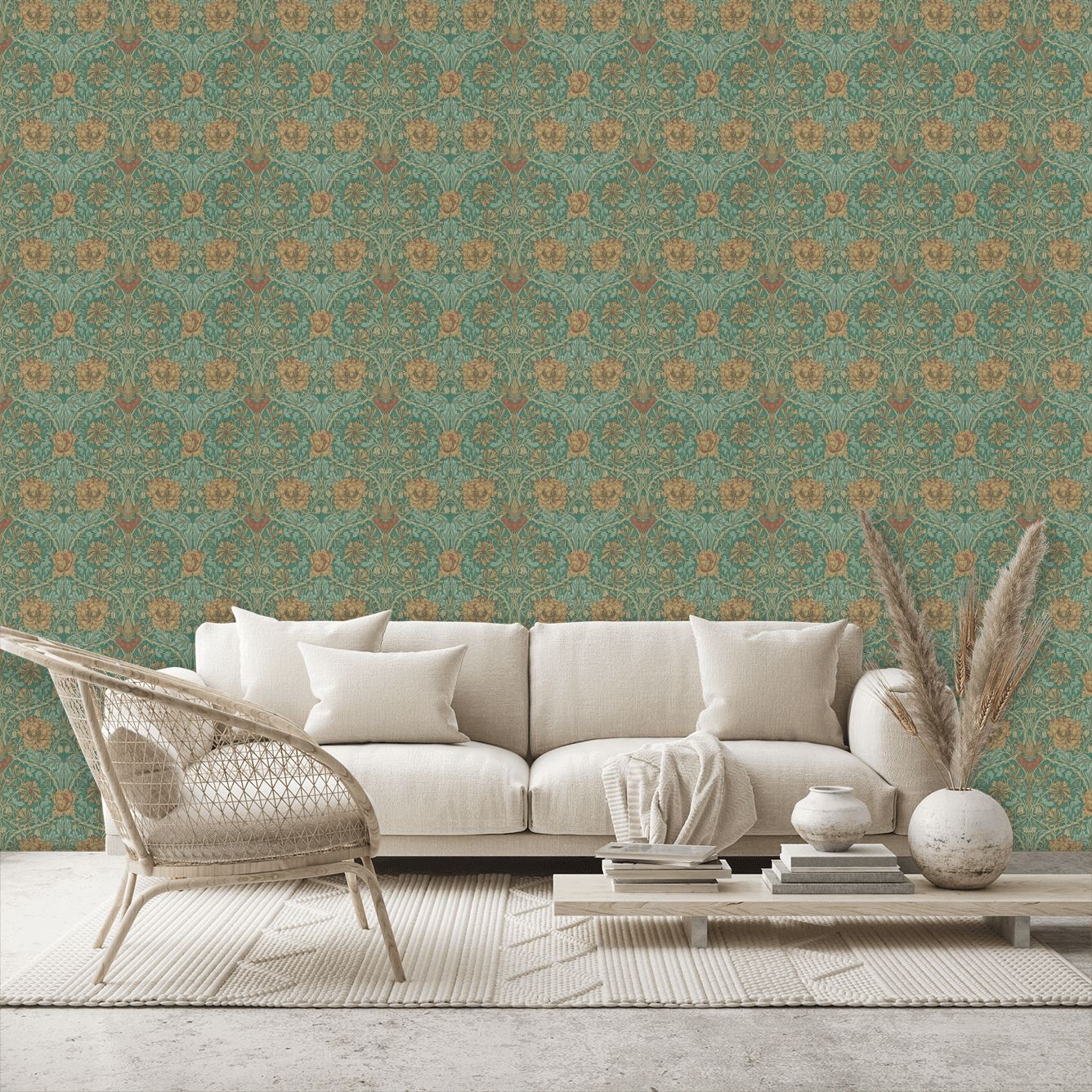 Honeysuckle and Tulip Wallpaper - Emerald/Russet - By Morris and Co