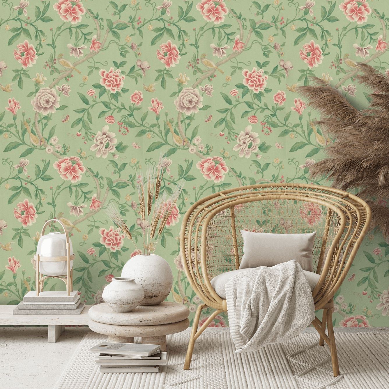 Porcelain Garden Wallpaper - Rose/Fennel - By Sanderson - DCAVPO101