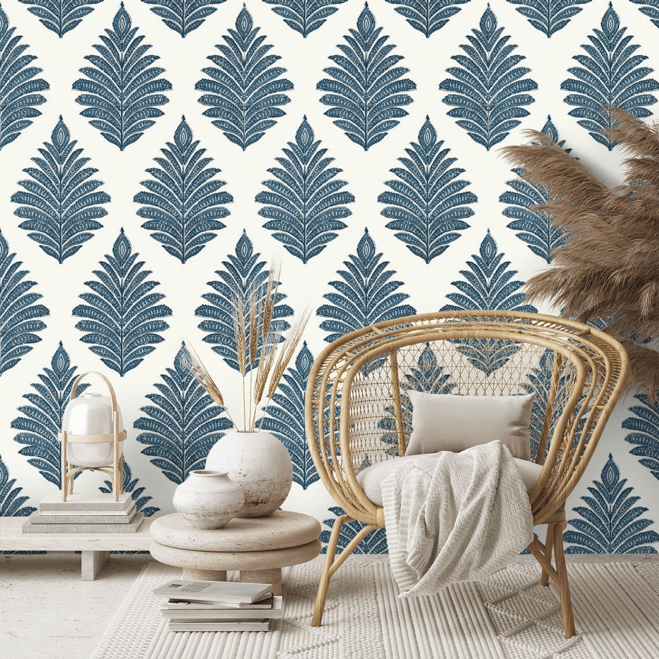 Palampore Leaf Wallpaper - Blue / White