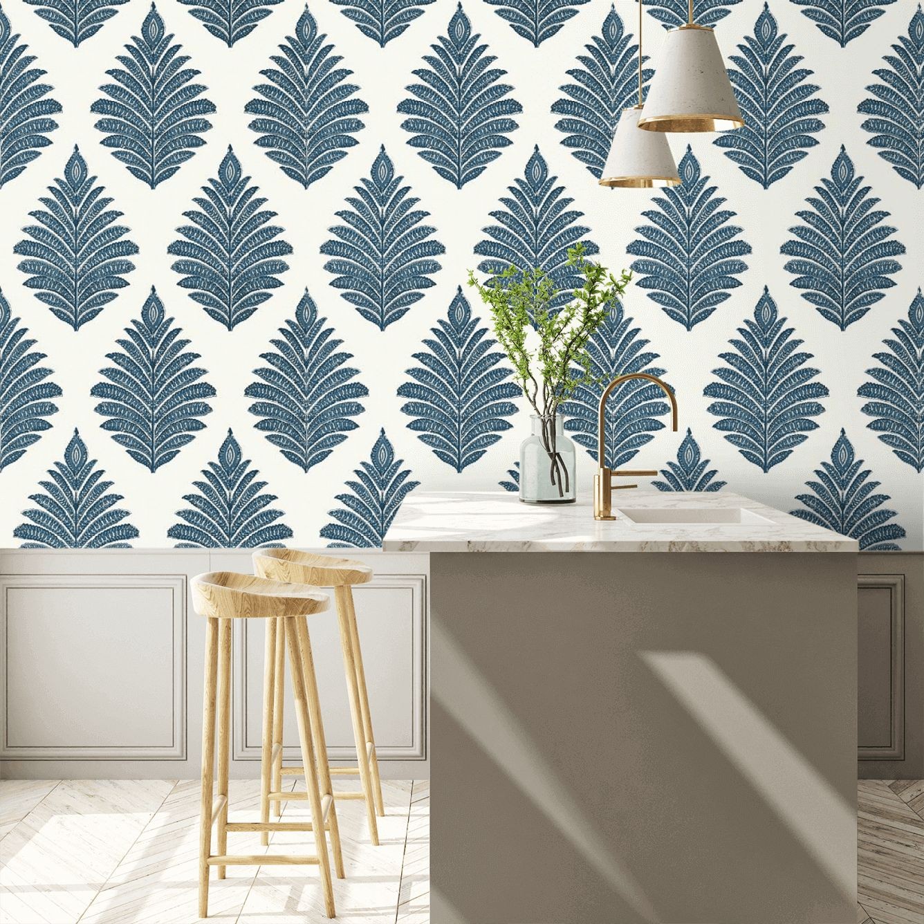 Palampore Leaf Wallpaper - Blue / White - By Anna French - AT78725