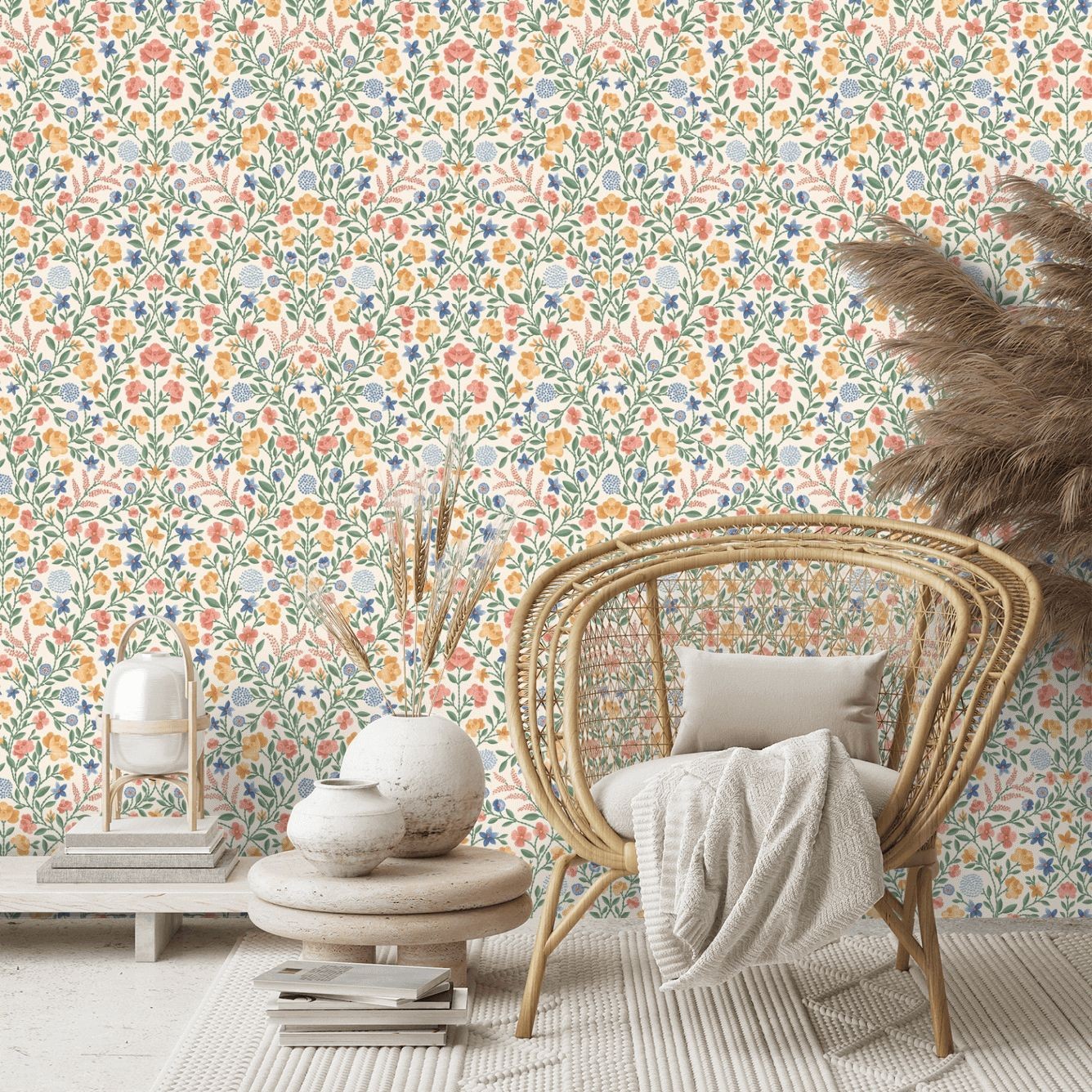 Court Embroidery Wallpaper - Coral / Marigold / Hyacinth / Parchment - By  Cole and Son - 118/13029
