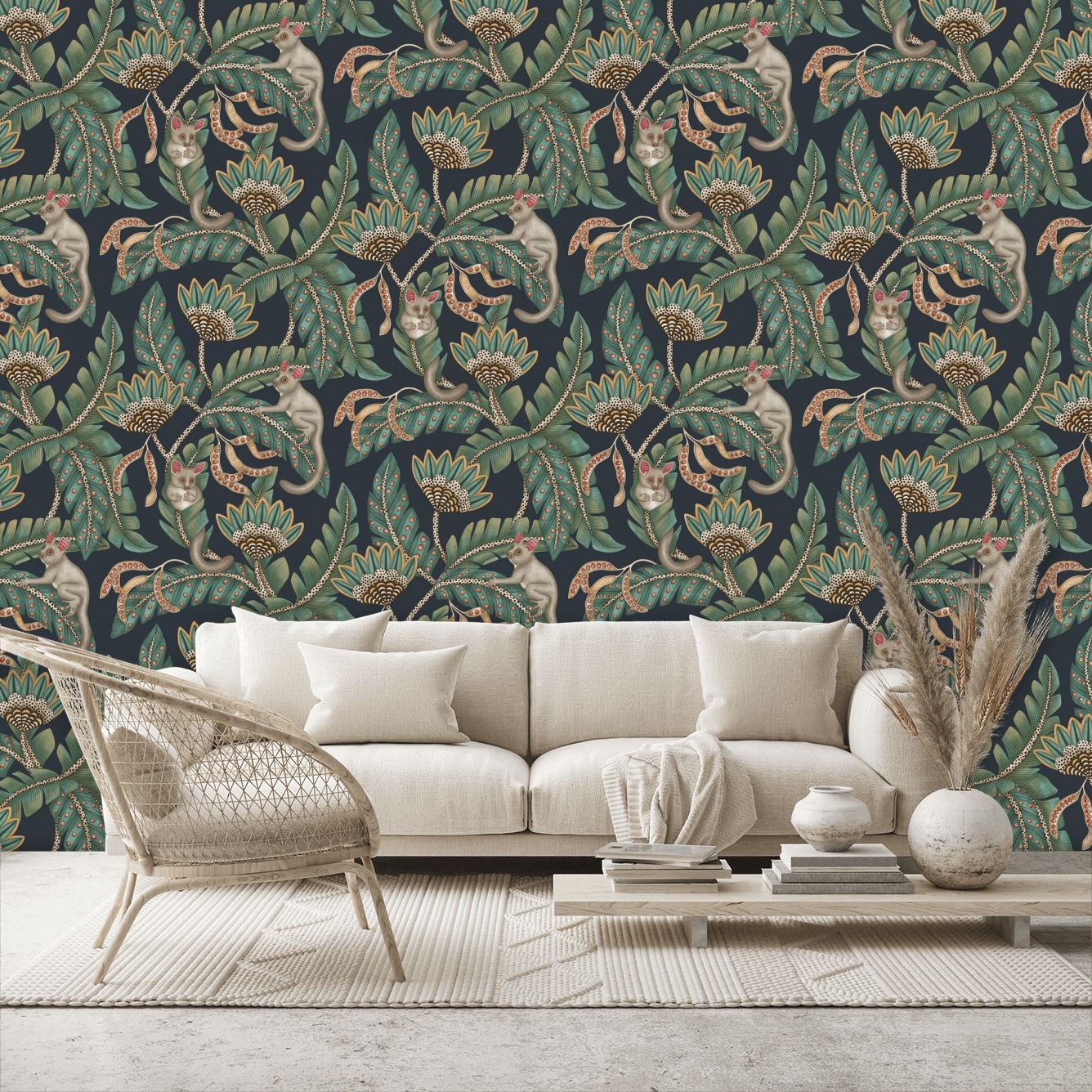 Bush Baby Wallpaper - Teal & Ochre on Ink - By Cole and Son - 119/7034
