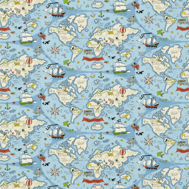 Sanderson Treasure Map Sea Blue Fabric