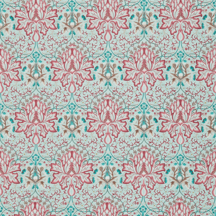 Morris and Co Artichoke Embroidery Aqua/Coral Fabric