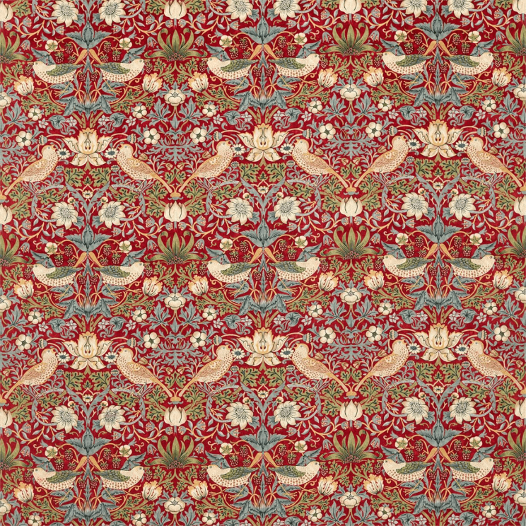 Morris and Co Strawberry Thief Velvet Fabric Crimson/Slate Fabric