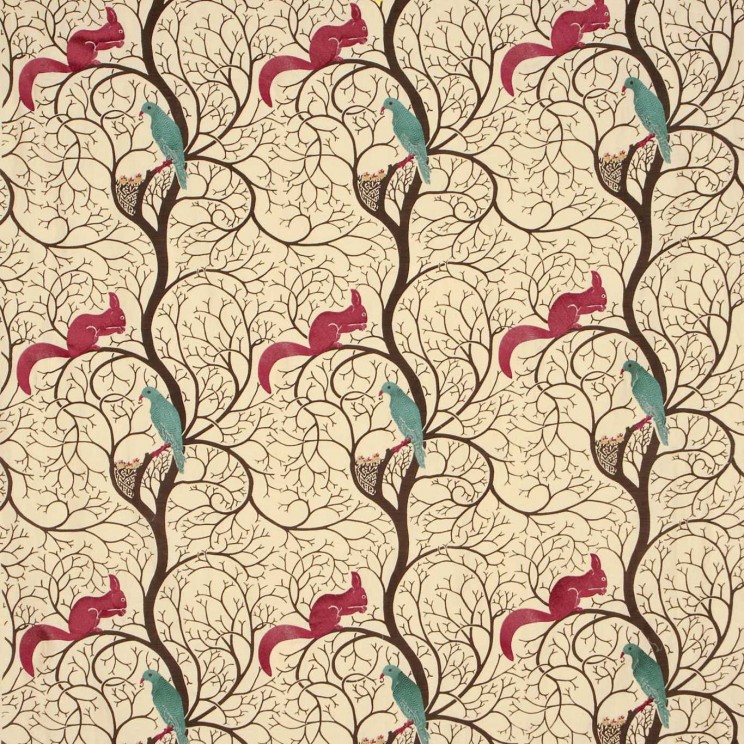 Sanderson Squirrel & Dove Teal/Red Fabric
