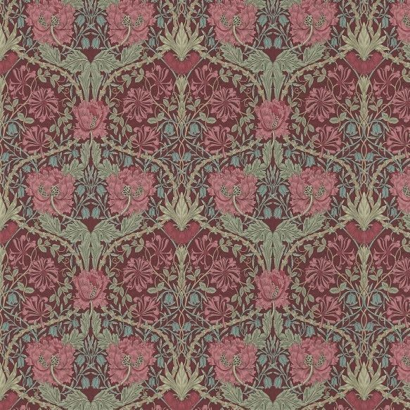 Honeysuckle and Tulip Wallpaper - Burgundy/Sage - By Morris and Co - 214703