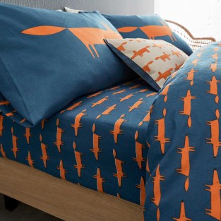Scion Mr Fox Brushed Cotton Fitted Sheets, Denim & Orange 